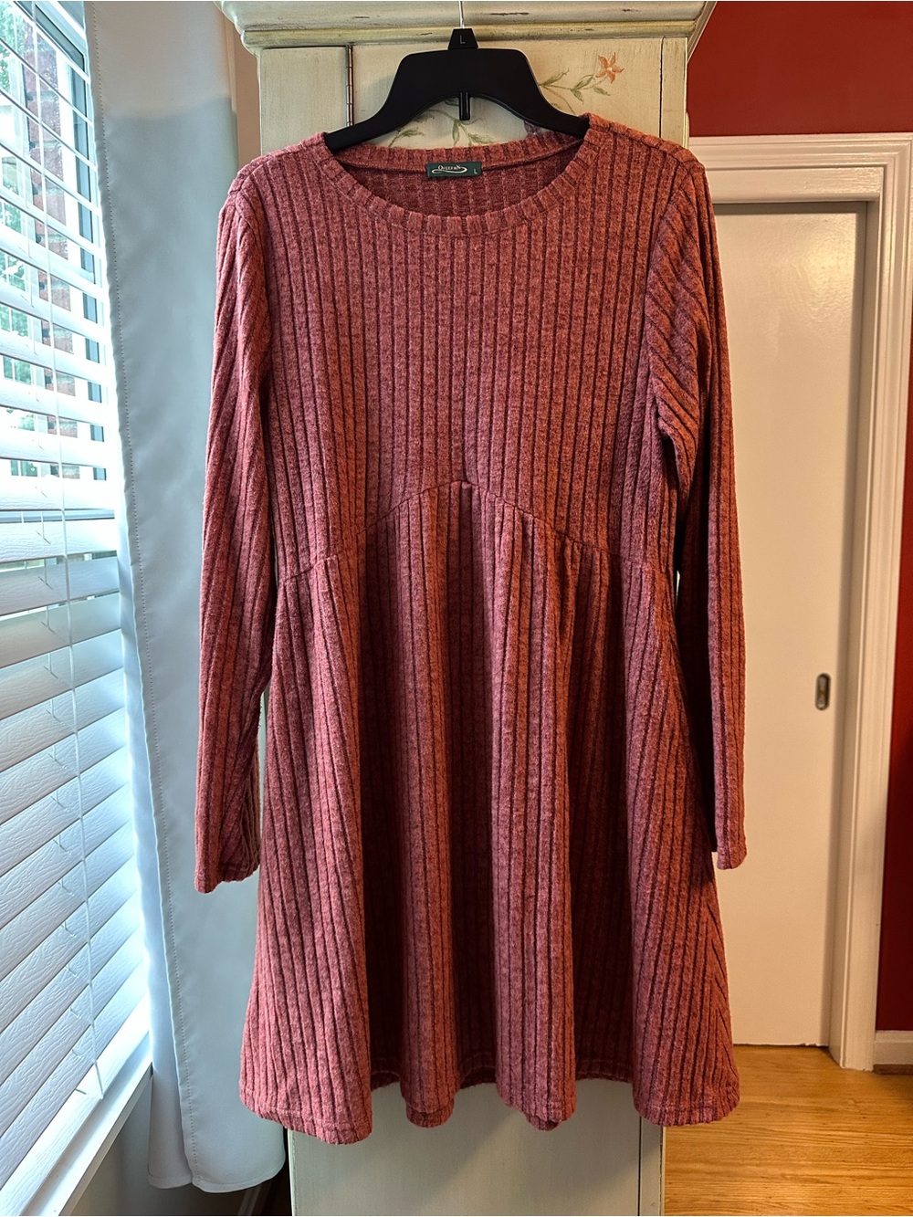 Women’s Ribbed Long-Sleeve Babydoll Dress - burnt sienna